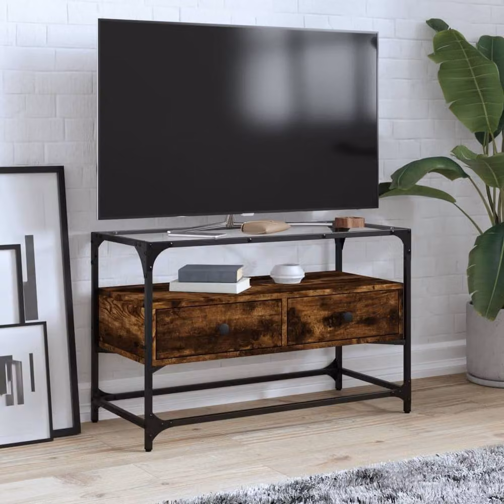 Berkfield Home TV Cabinet with Glass Top in Smoked Oak Brown, W/D/H: 80 x 35 x 51 cm – 1