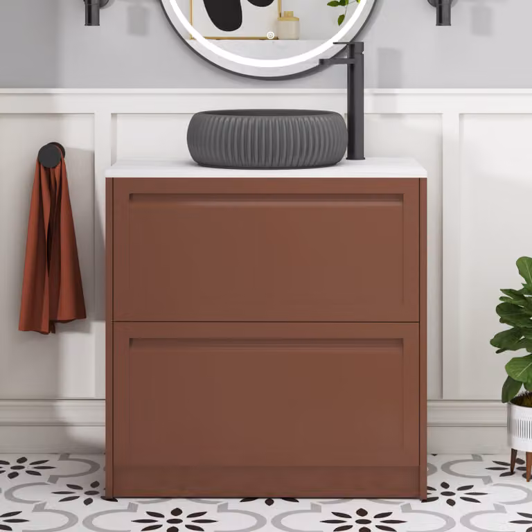 Royal Bathrooms Elmore Terracotta Clay 2 Drawer Floor Standing Vanity Unit with Carrara White Worktop