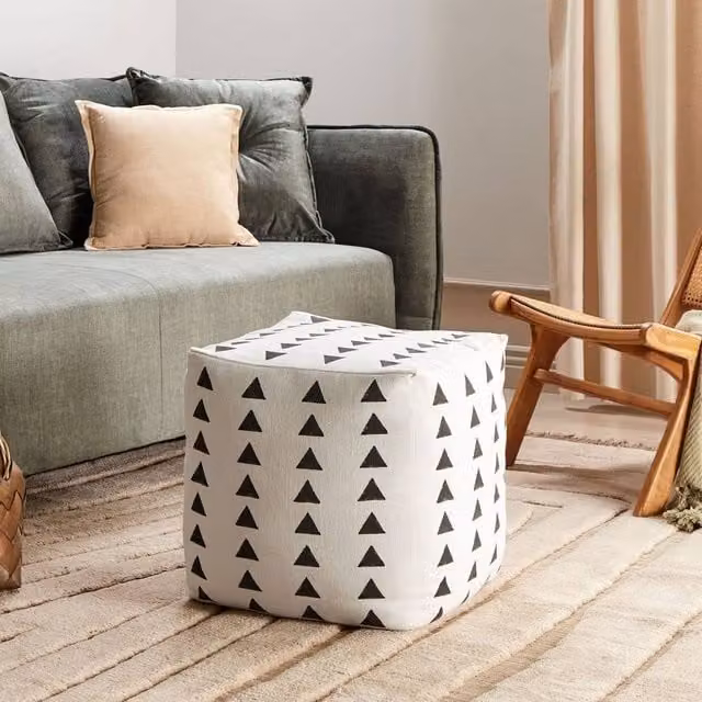 Wyld and Coco Boho Cotton Pouffe in White and Black Geometric Pattern, W/D/H: 45 x 45 x 45 cm – 1