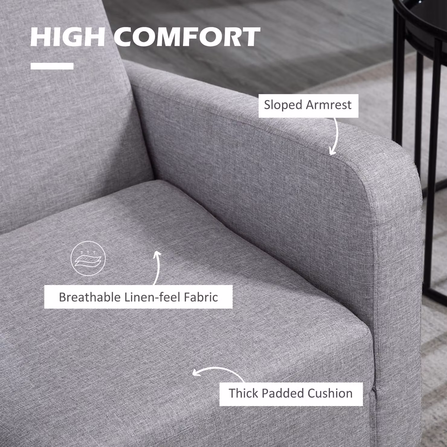 HOMCOM Set of 2 Modern Upholstered Accent Armchairs in Light Grey with Rubberwood Legs – 5