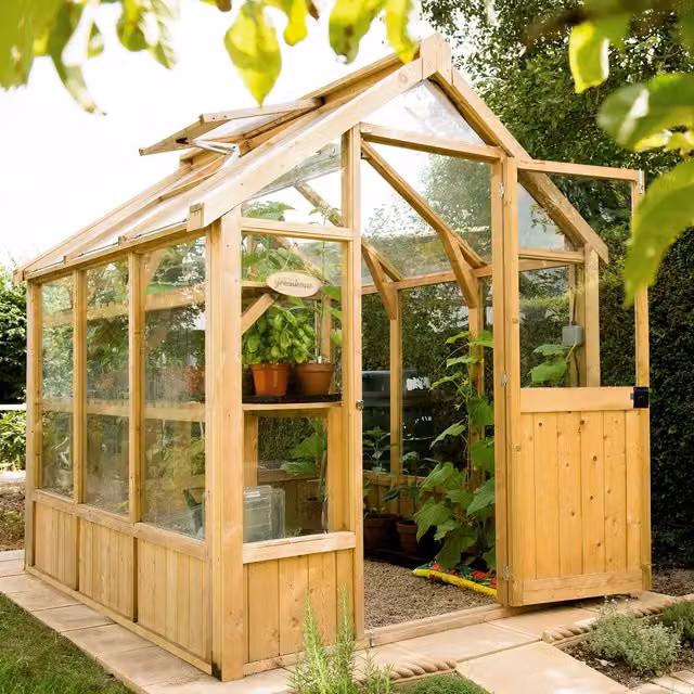 Vale Forest Brown Wood Greenhouse with Tempered Glass Windows and Shelving
