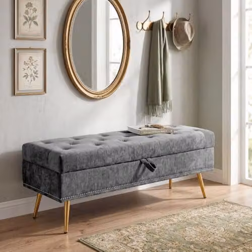 HOMCOM Grey Upholstered Storage Ottoman, W: 114 cm, D: 41 cm, H: 45 cm – 7