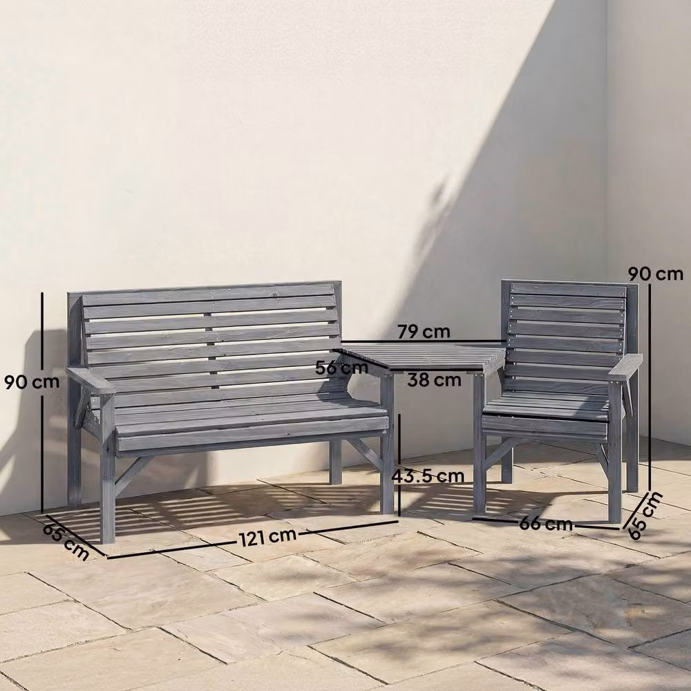 OUTSUNNY Grey Wood Garden Furniture Set with Detachable Table and Parasol Hole – 3