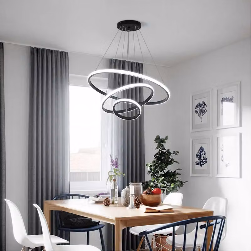 COMELY Modern 3 Ring LED Pendant Ceiling Light, Adjustable Black Metal Chandelier – 3