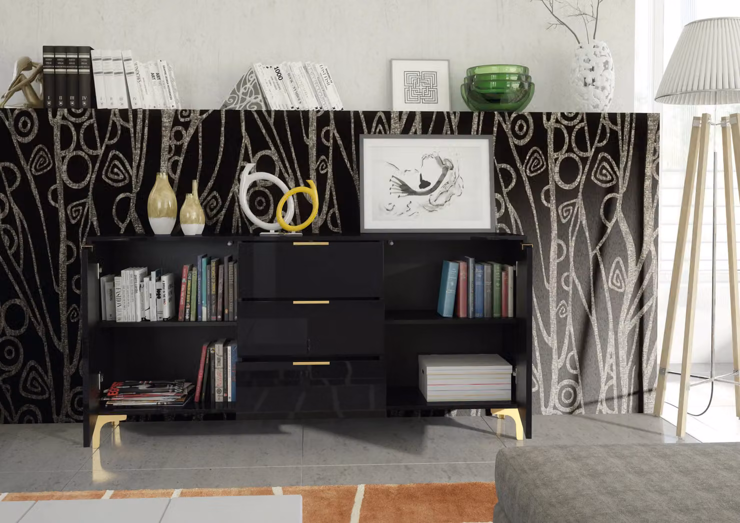 Mex Furniture LTD Lux High Gloss Sideboard in Black and Gold, W: 140 cm, H: 80 cm, D: 35 cm – 4