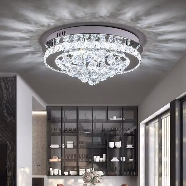 Livingandhome Round LED Crystal Ceiling Light in Silver and Transparent with Cool White Light