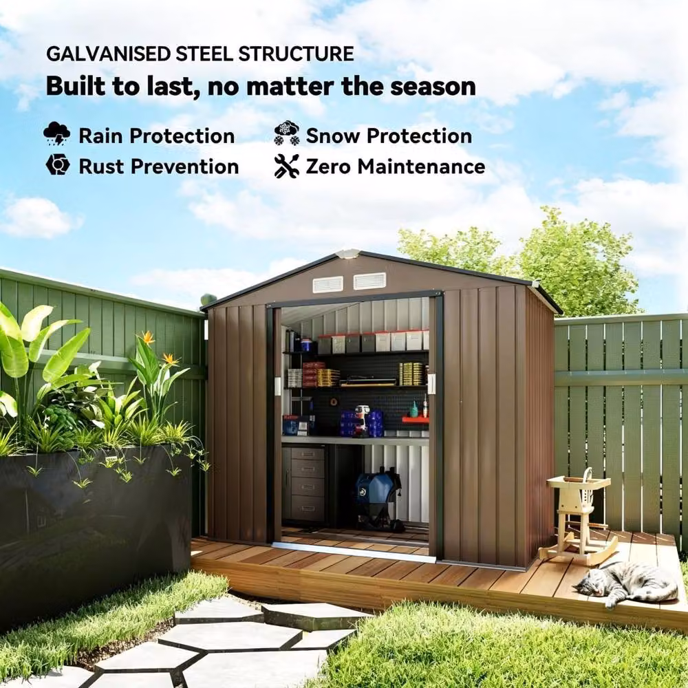 STILVORA Modern Brown Galvanised Steel Garden Shed with Double Sliding Doors, W: 120.0 cm, H: 185.0 cm – 4