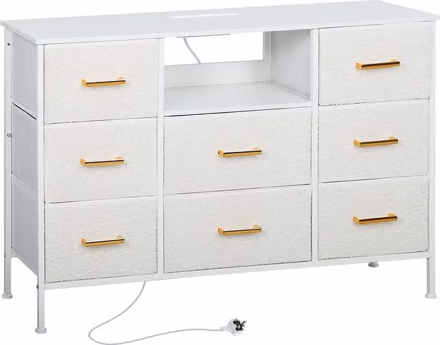HOMCOM Boucle Chest of Drawers with 8 Fabric Drawers and Charging Station, Cream White and Gold