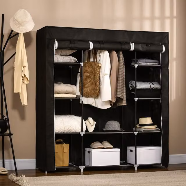 HOMCOM Portable Fabric Wardrobe with 10 Shelves and Hanging Rail, Black
