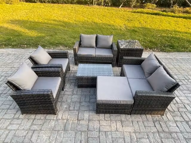 Fimous 7 Piece Outdoor Rattan Garden Furniture Set in Dark Grey with 2 Seater Sofa, Armchair, Coffee Table and Ottoman
