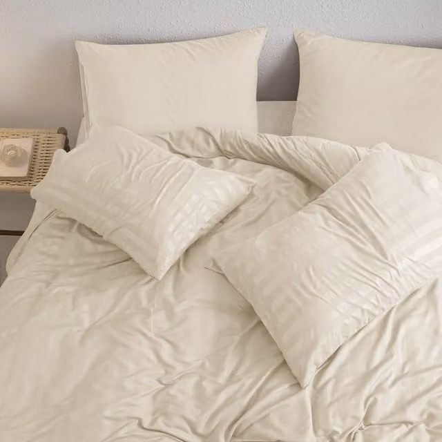 Cotton Passion Beige Striped Microfibre Duvet Cover and Pillowcase Set, W/D/H: 140 x 200 cm and 50 x 75 cm