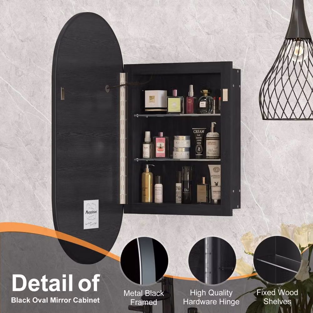 KEEPREAPER Black Oval LED Mirrored Bathroom Cabinet with 2 Glass Shelves, W: 42 cm, H: 80 cm – 2