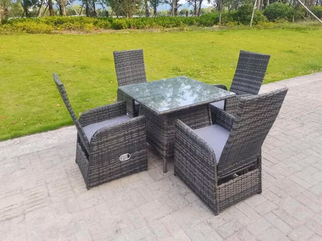 Fimous 4 Seater Modern Rattan Garden Furniture Set with Reclining Chairs and Square Glass Table in Grey
