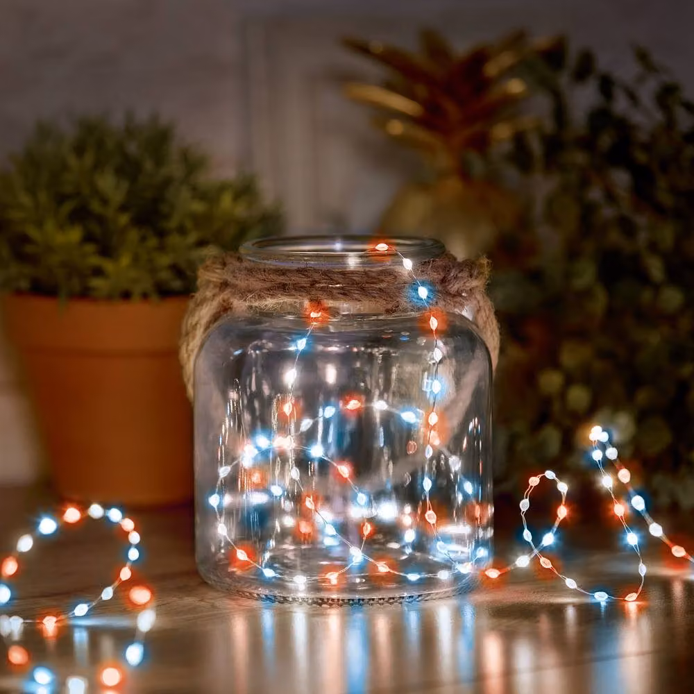 Premier Decorations Compact Ultrabright Battery Operated LED Lights with 200 Red, White and Blue LEDs on Silver Wire – 2