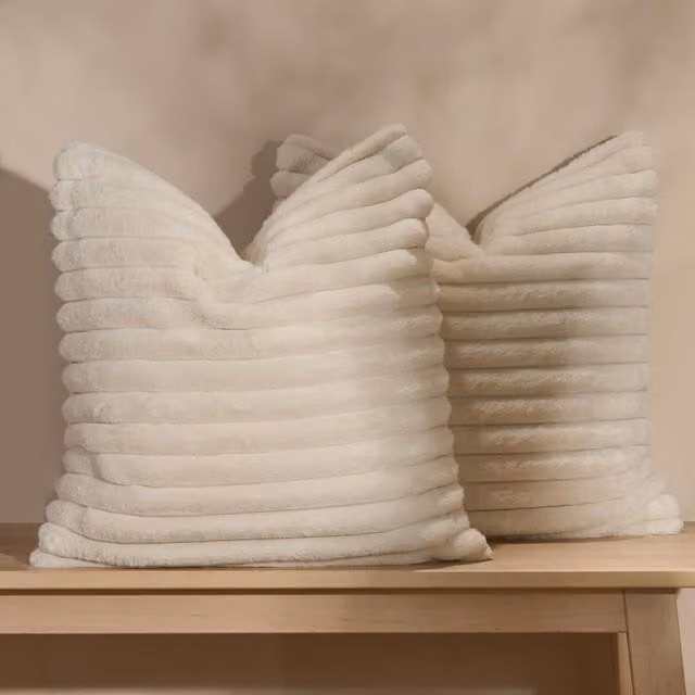 OHS Pack of 4 Faux Fur Ribbed Square Cushion Covers in Beige, Yellow and White