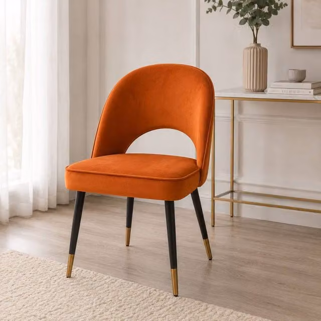 Stratus Interiors Astra Dining Chair in Terracotta with Fabric, Synthetic Leather and Gold-Tipped Wooden Legs