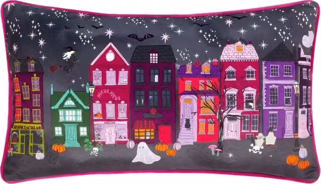 Creepy Town Velvet Piped Rectangular Cushion in Black and Multicolour with Feather and Polyester Filling