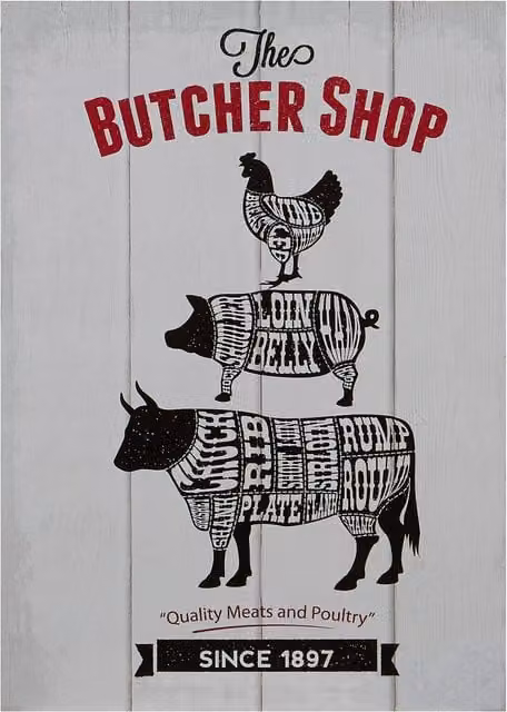 Maison by Premier Vintage Madera Butcher Shop Rectangular Wood Wall Plaque in Black, Grey, Red and White