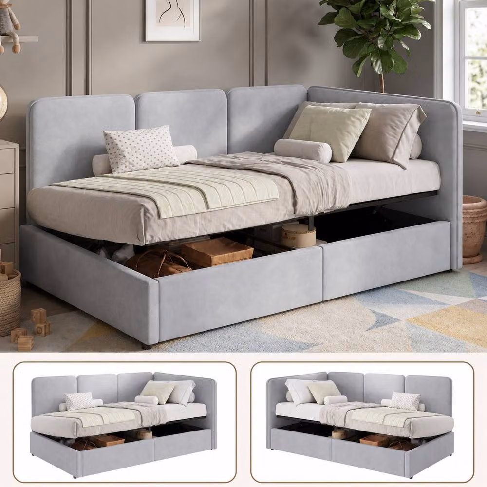 BTM Single Ottoman Daybed with Lift Up Storage, Grey Velvet Upholstered Chaise Bed Frame, W/D/H: 90 x 190 x 76.5 cm – 5