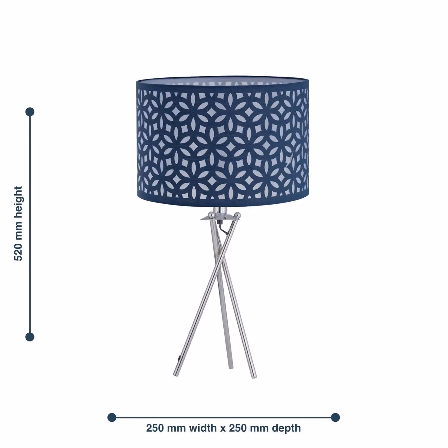 First Choice Lighting Chrome Tripod Table Lamp with Navy Blue Laser Cut Fabric Shade – 5