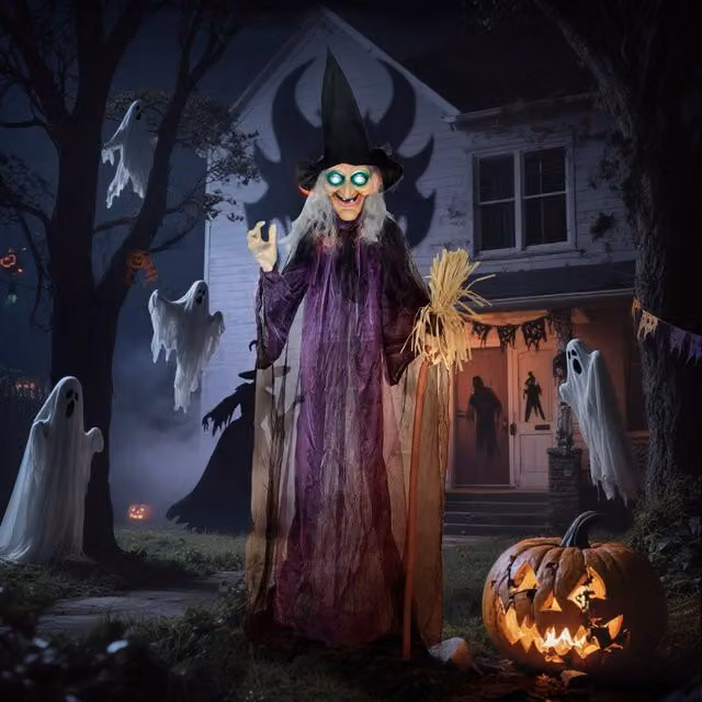 OUTSUNNY Voice Activated Halloween Standing Witch Animatronic, Purple – 1