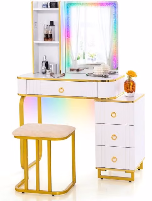 COSTWAY Modern Hollywood LED Vanity Set in White with Glossy Rectangular Mirror