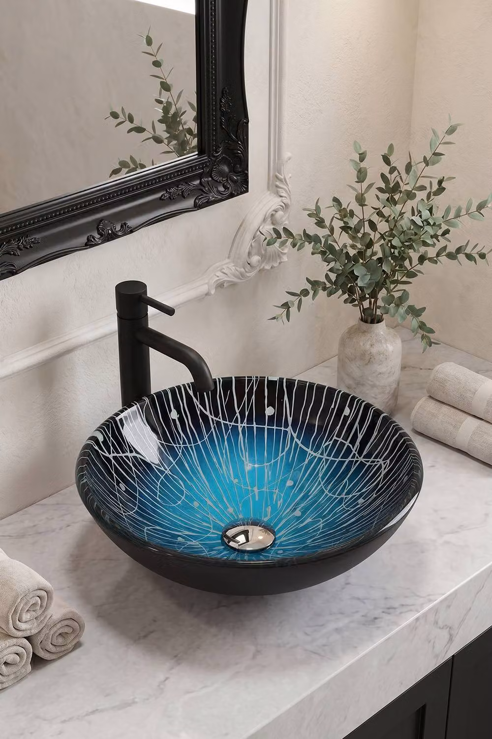 Living and Home Round Tempered Glass Countertop Vessel Sink in Transparent Multicolour, H 15.0 cm x W 42.0 cm x D 42.0 cm – 2