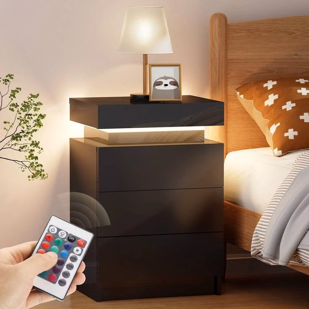 EONLION Black Glossy 3-Drawer Bedside Table with Integrated LED Light – 4