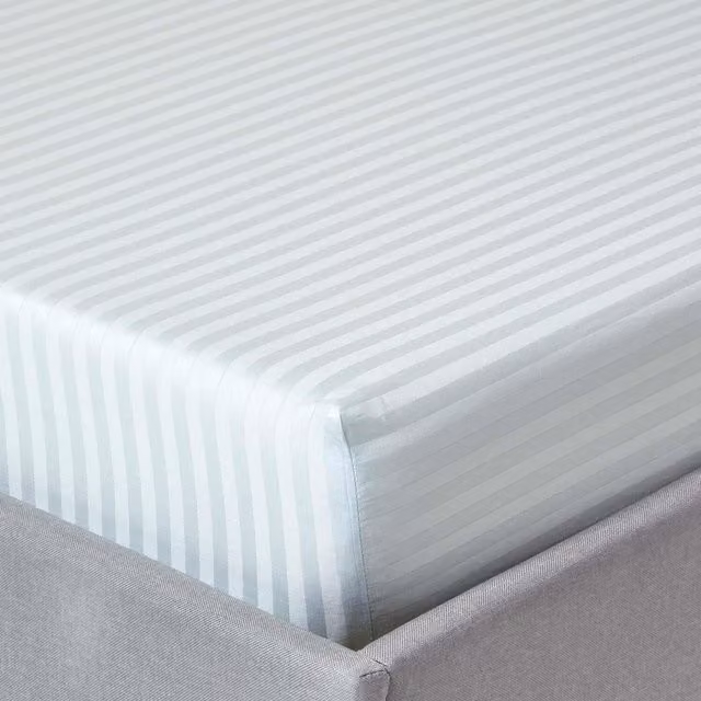 Homescapes 330 Thread Count Egyptian Cotton Mako Satin Stripe Fitted Sheet, Blue, W: 200 cm x L: 200 cm