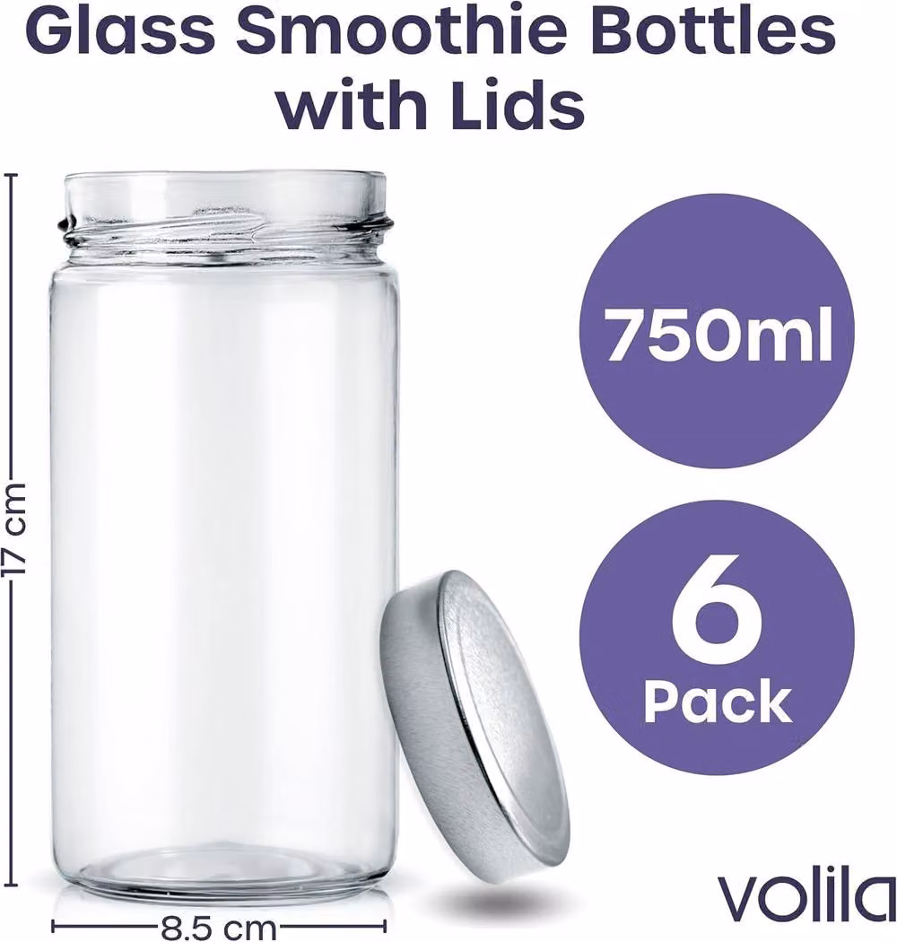 Volila 6-Pack Leakproof Glass Mason Jars with Lids for Drinks and Storage, Clear, 750ml per jar – 1