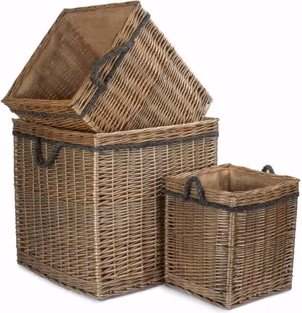 Red Hamper Set of 3 Antique Wash Square Storage Log Baskets in Light Brown and Red with Handles – 1