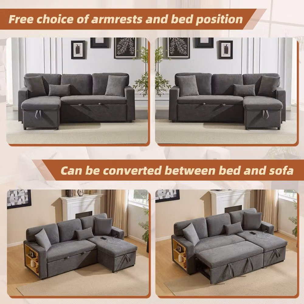 Merax 3-Seater L-Shaped Reversible Pull-Out Corner Sofa Bed with USB Charging and Scatter Cushions in Grey – 6