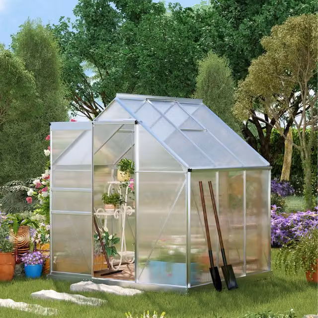 Outsunny Polycarbonate Greenhouse with Sliding Door and Windows in Silver Tone