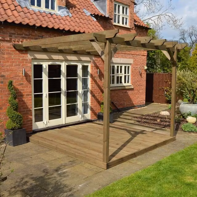 Rutland County Garden Furniture Ltd Wall Mounted Lean-to Pergola and Decking Kit, W: 360 cm, D: 360 cm, H: 270 cm, Rustic Brown