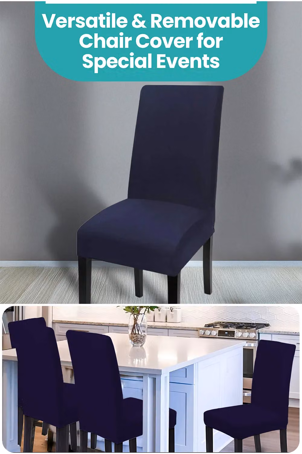 Neel Blue Universal Armless Dining Chair Protective Slipcover in Navy Blue Spandex Stretch – 5
