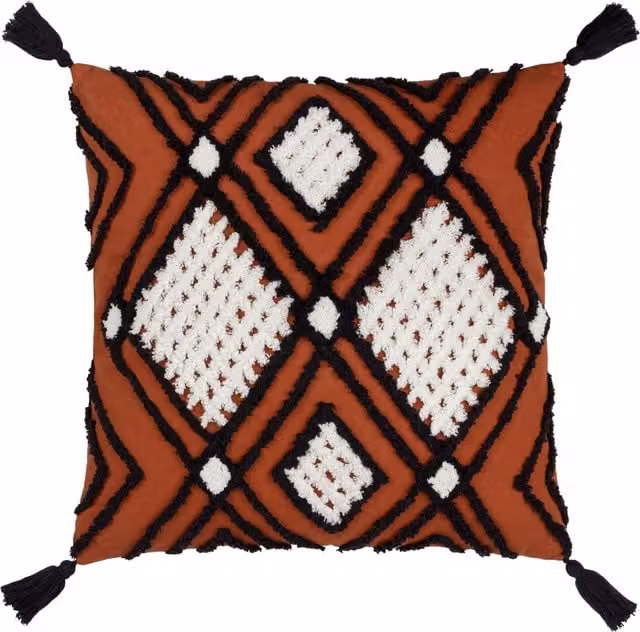 Make It A Home Boho Square Cotton Tufted Tasselled Cushion in Black, White and Orange