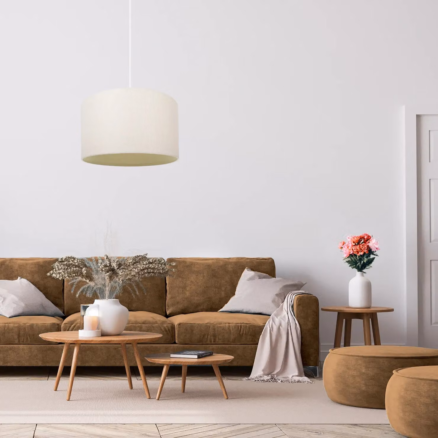 Happy Homewares Modern Round Fabric and Metal Drum Lampshade in Beige or White, Diameter: 25 cm – 2