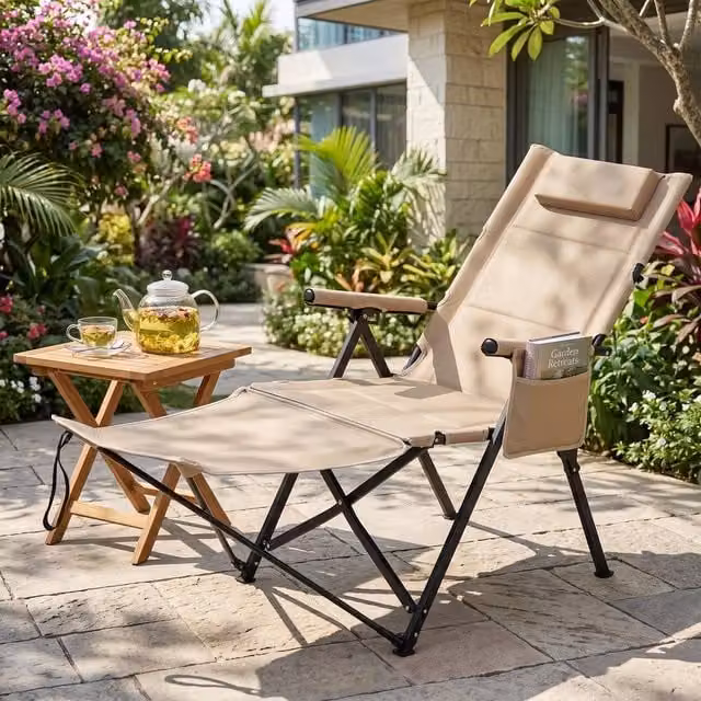 KORVIXA Beige Folding Lounge Chair with Adjustable Headrest and Armrests