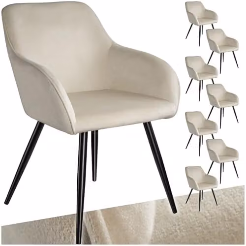 tectake Set of 8 Marilyn Dining Chairs in Velvet Look with Armrests and Metal Legs, Cream/Black