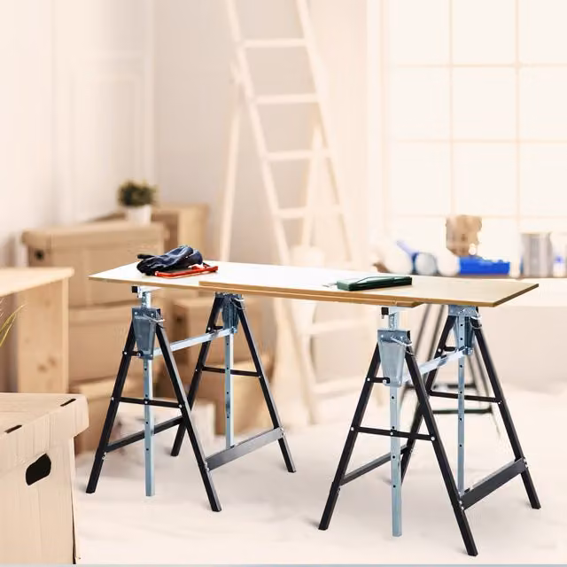 HOMCOM Set of 2 Black Steel Telescopic and Foldable Builders Trestle Saw Horses