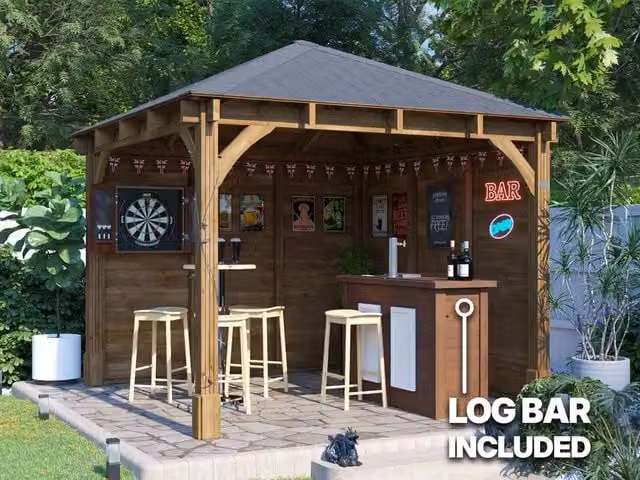 Dunster House Leviathan Wooden Garden Bar Gazebo in Brown with Black Bitumen Shingles, W/D/H: 300 x 300 x 320 cm – 2