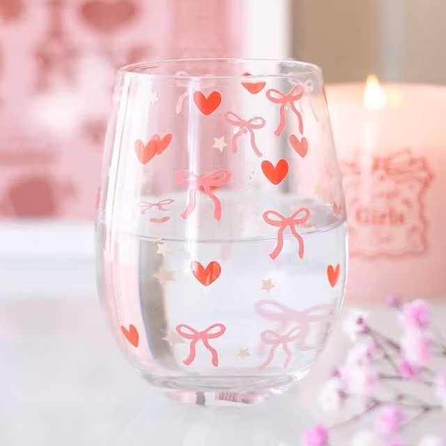 Uniqueful Bow and Heart Print Stemless Glass Tumbler, Multicolour and Transparent, 450 ml