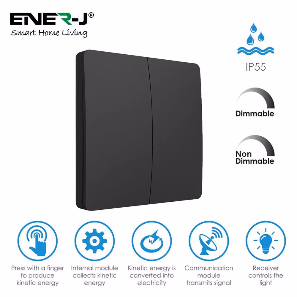 ENER-J 2 Gang Wireless Kinetic Switch Kit with 2 500W RF Receivers in Black – 2