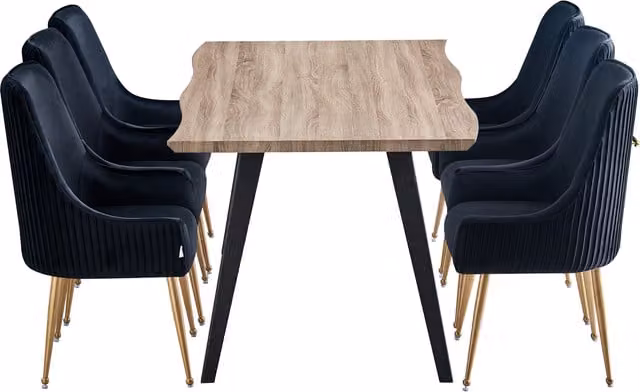 Soho Rocco LUX Modern Rectangular Wood Dining Set with 6 Upholstered Chairs in Black and Gold