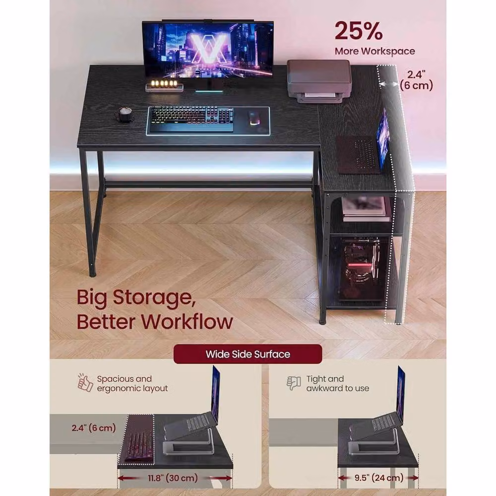 The Bazaarist Corner Gaming Desk with Adjustable Storage Shelves in Jet Black – 4