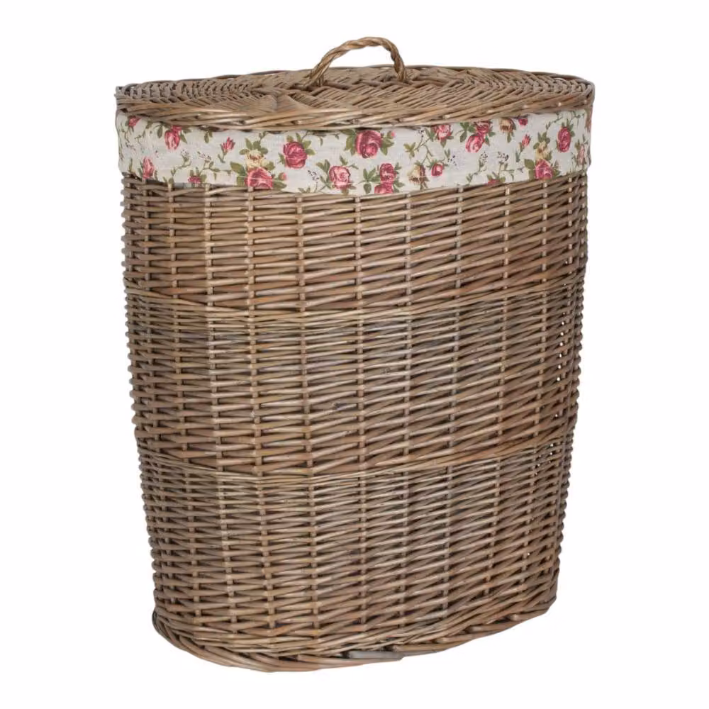 Red Hamper Set of 2 Antique Wash Garden Rose Oval Wicker Laundry Baskets with Cotton Linings and Handles in Brown and Red – 3