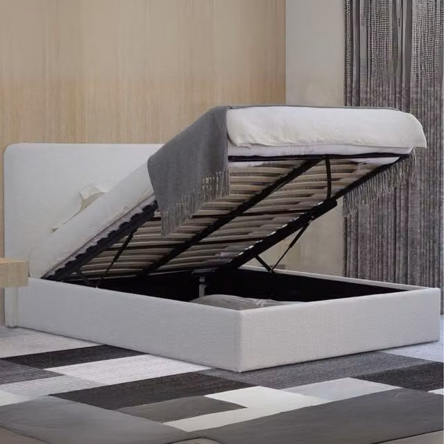 Home Source Serenity Ottoman Gas Lift Boucle Upholstered Storage Bed Frame in Beige and White, W/D/H: 140 x 200 cm
