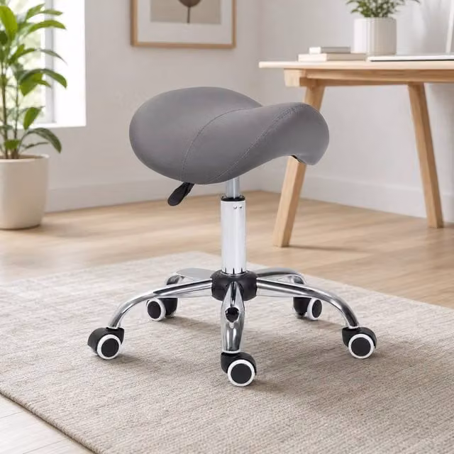 STILVORA Adjustable Grey Salon Stool with Castors and Synthetic Leather Seat