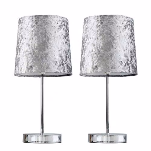 ValueLights Set of 2 Modern Polished Chrome Table Lamps with Silver Fabric Shades