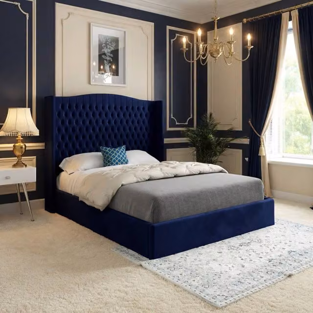 Casani Rowledge Blue Velvet Upholstered Chesterfield Bed Frame, W/D/H: 200 x 137 x 189 cm